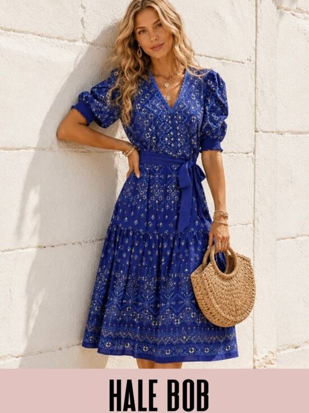 Hale Bob embroidered dress midi puff sleeves tiered skirt belted Small